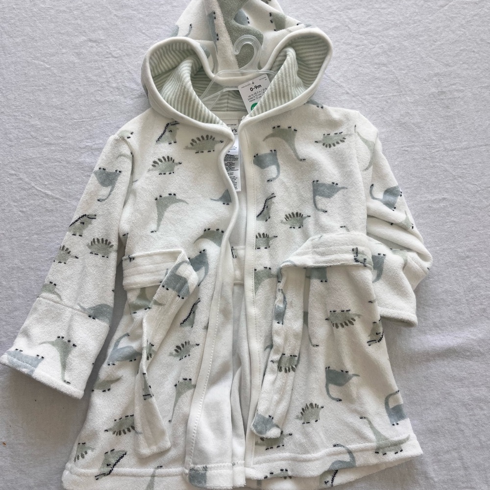 Carter's White Hooded Toddler Bathrobe with Gray Dino Print